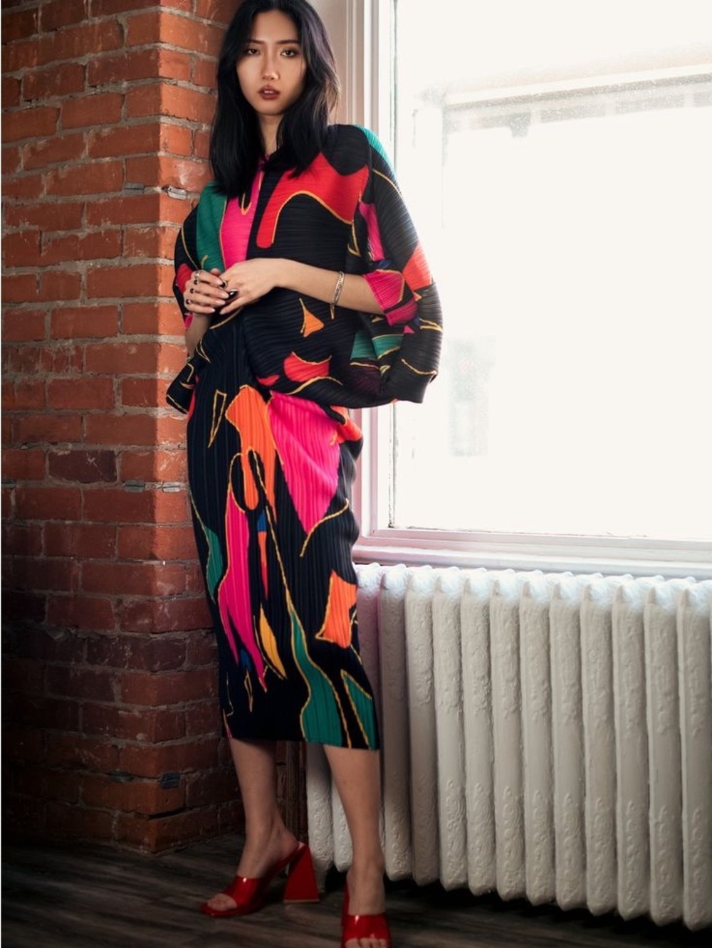 KATE HEWKO Pleated Batwing Abstract Geometric Print Midi Dress Multicolor One Sz